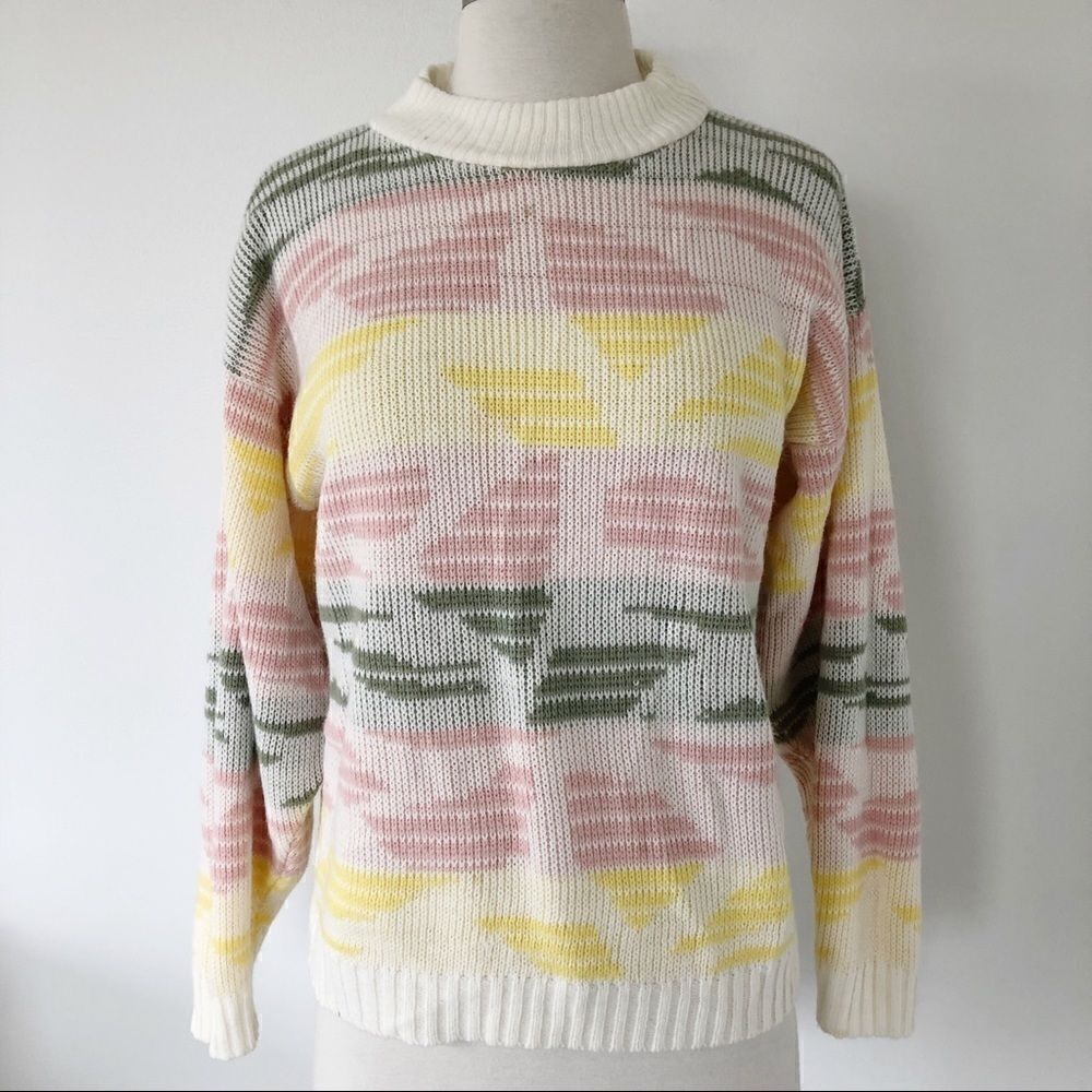 Vintage Burlington Colorblock Pastel Crewneck Sweater Women Size Small Knitted
